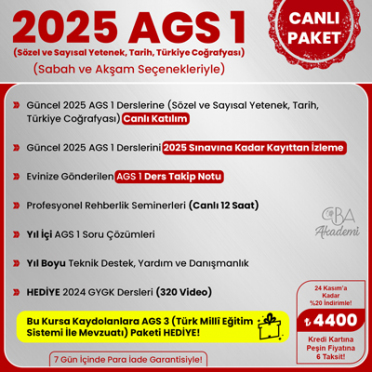 2025 AGS 1 (Sözel ve Sayısal Yetenek, Tarih, Türkiye Coğrafyası) CANLI DERS