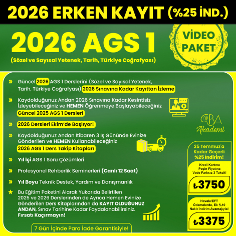 2026 AGS 1 (Sözel ve Sayısal Yetenek, Tarih, Türkiye Coğrafyası) VİDEO DERS (25 Temmuz'a Kadar %25 İndirimli)