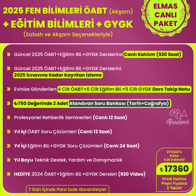 2025 FEN BİLİMLERİ ÖABT (Akşam) + EĞİTİM BİL. + GYGK CANLI DERS (ELMAS PAKET)